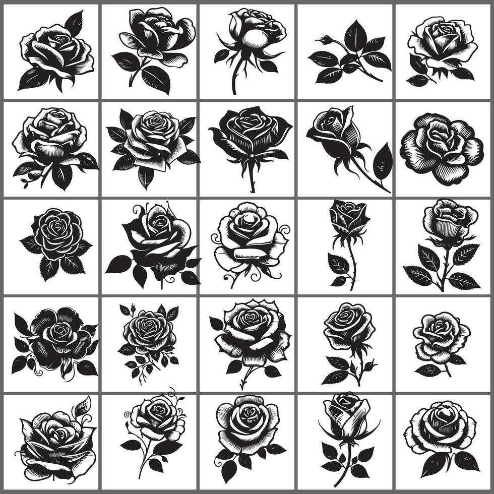 a set of black and white roses in different shapes vector