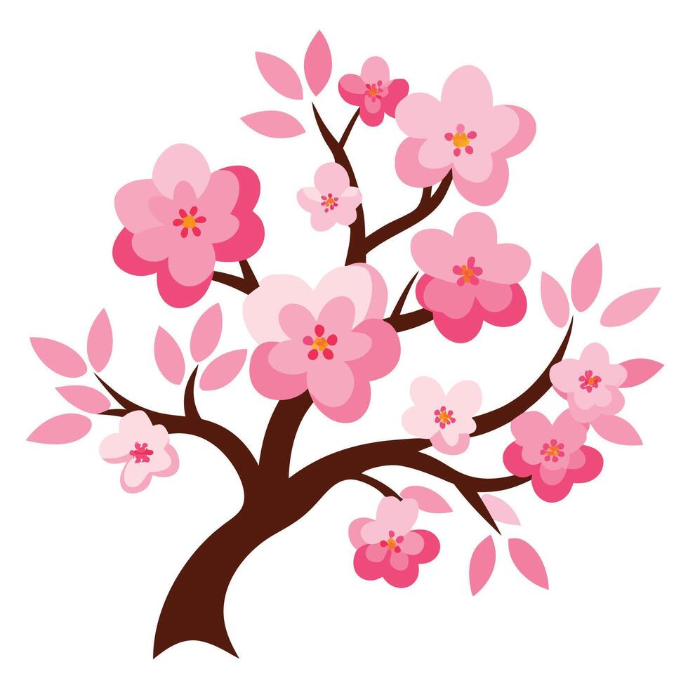A pink cherry blossom tree with leaves and flowers design on a white background vector