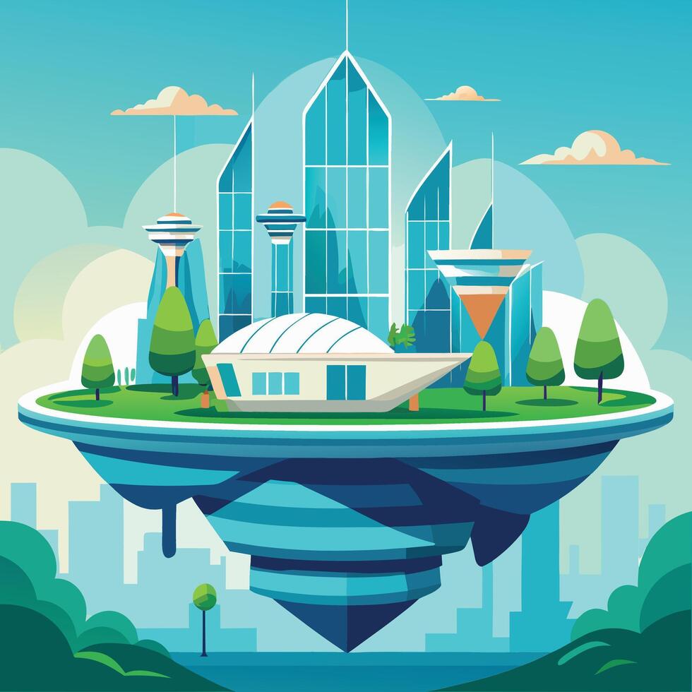 an illustration of a futuristic city with skyscrapers and trees vector