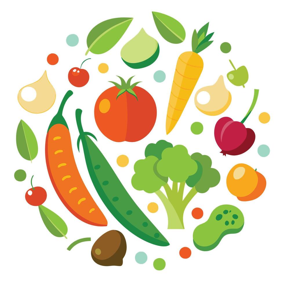 vegetables in a circle with fruits and vegetables vector