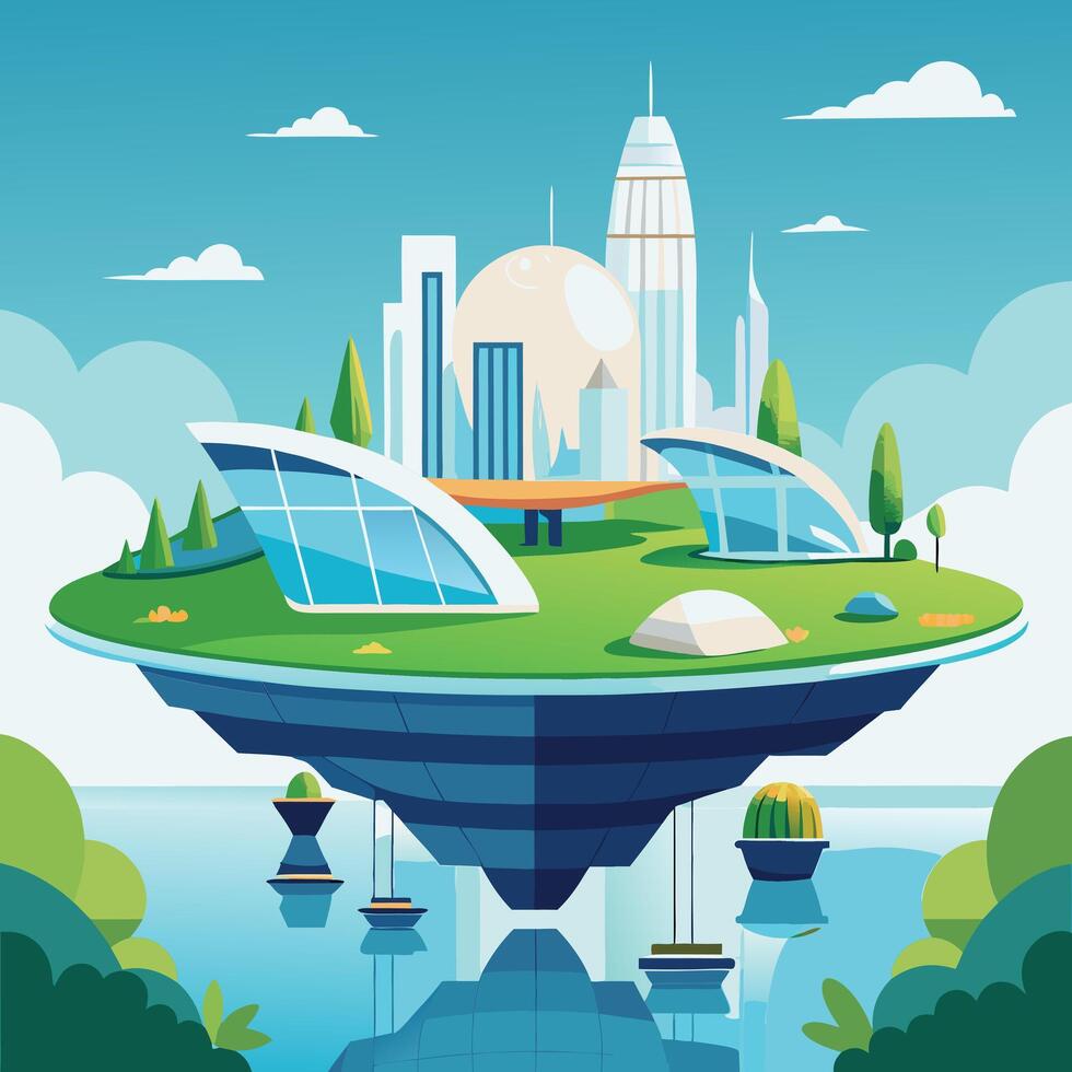 An illustration of a futuristic city floating in the sky design vector