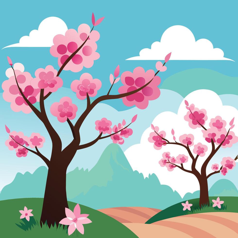 spring landscape with cherry blossoms and trees vector