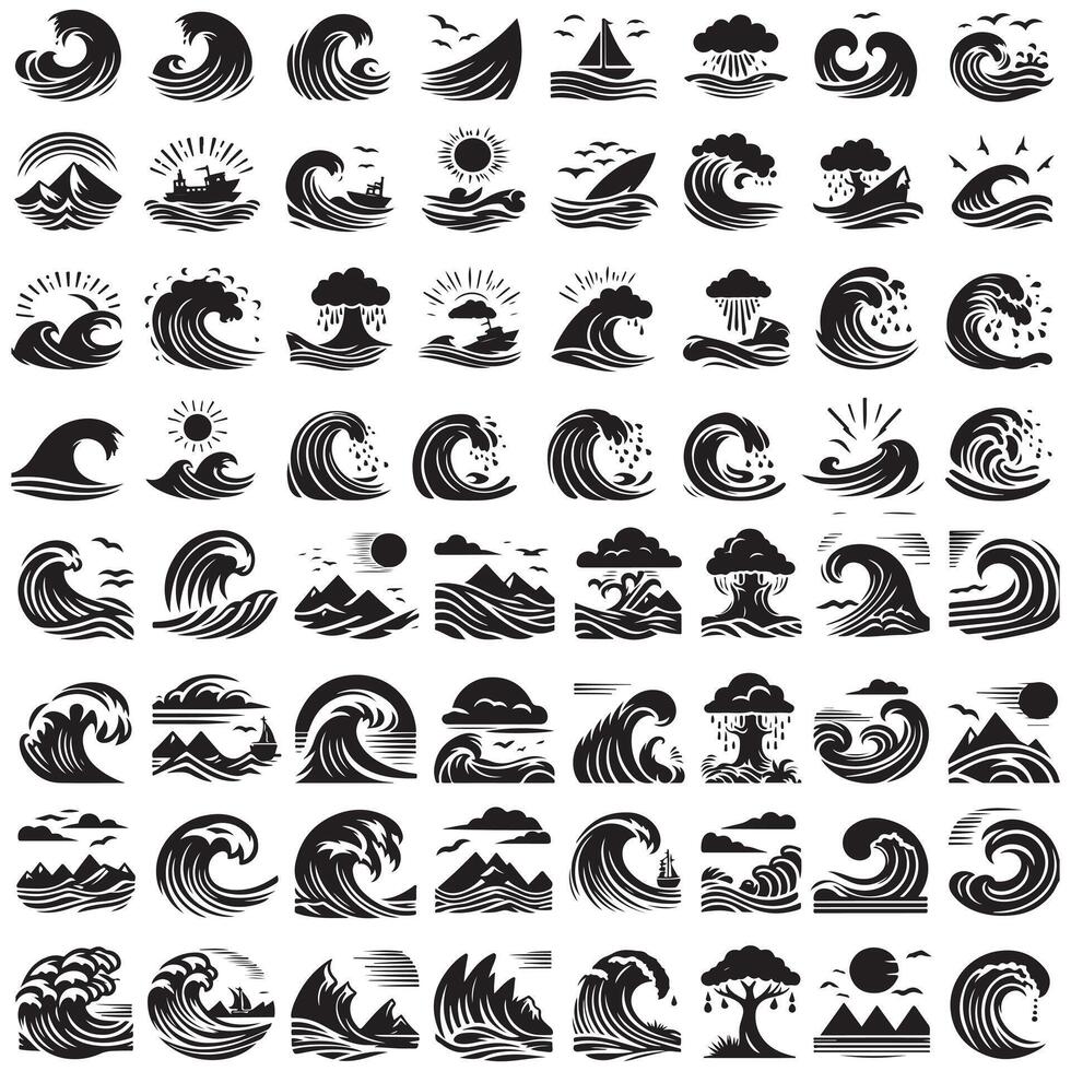 Creative set of large collection of ocean wave icons vector