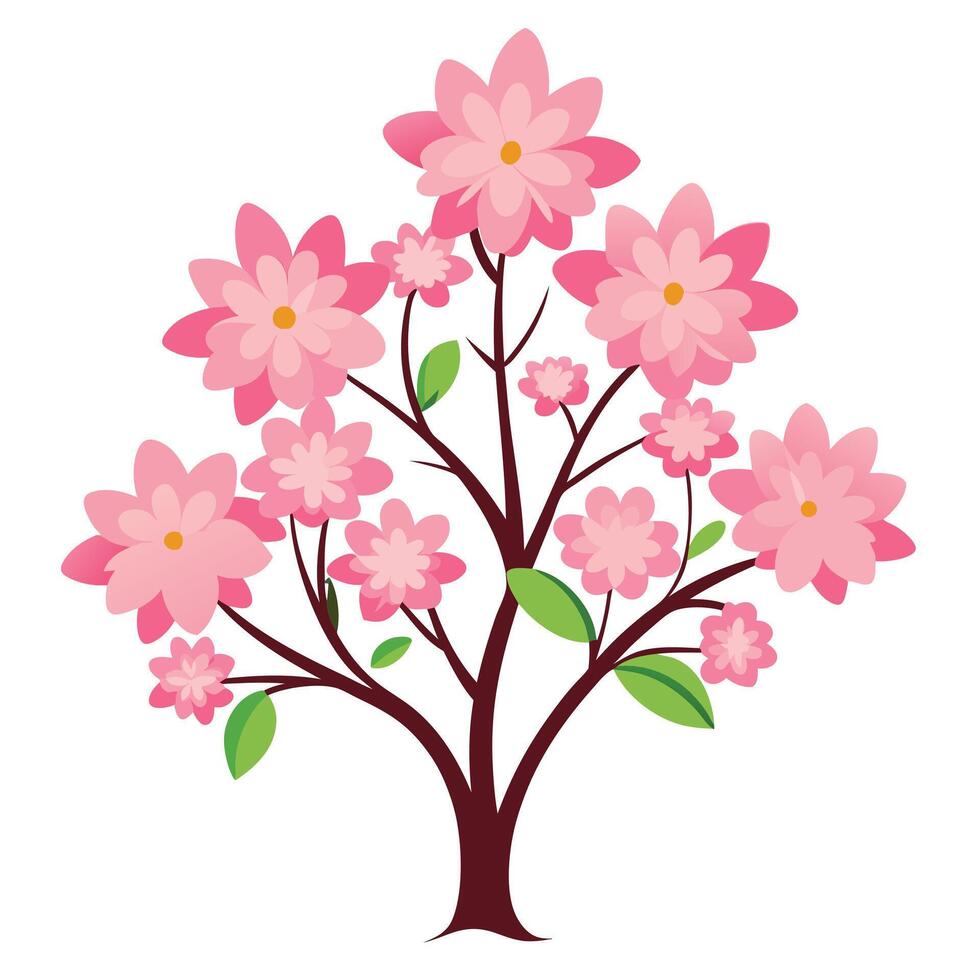 A pink cherry blossom tree with leaves and flowers vector