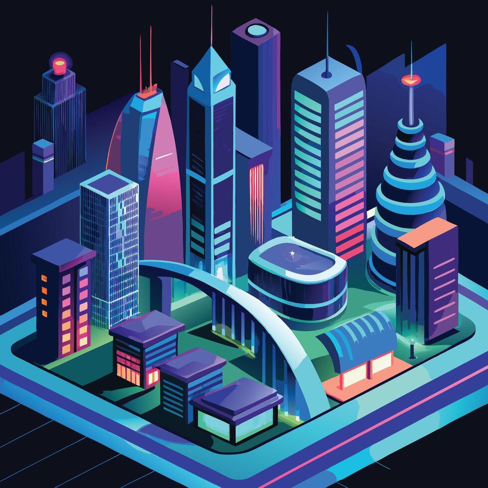an illustration of a city with skyscrapers and buildings design on a black background vector