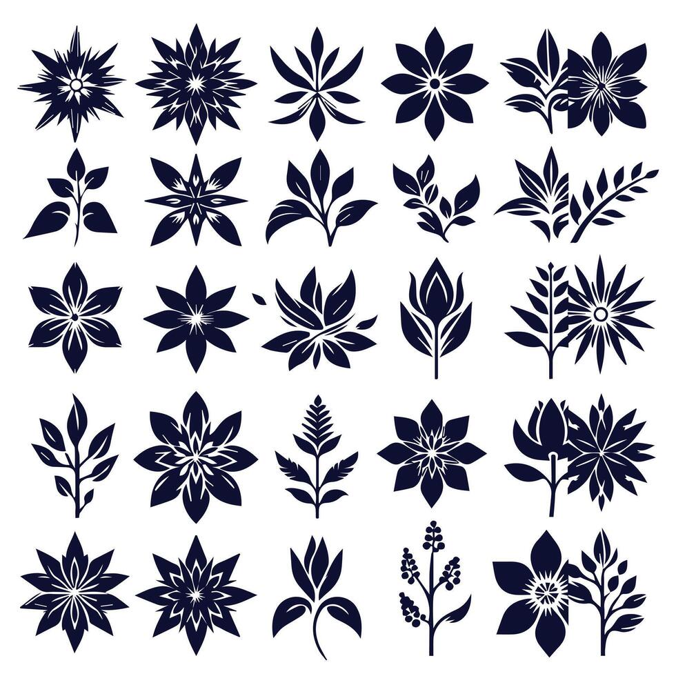 A set of black and white flowers and leaves with a white background vector