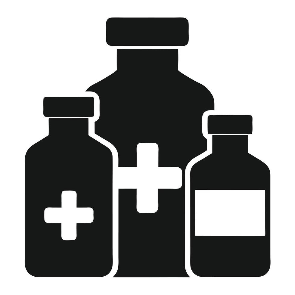 A black and white illustration of three bottles with a cross on them vector