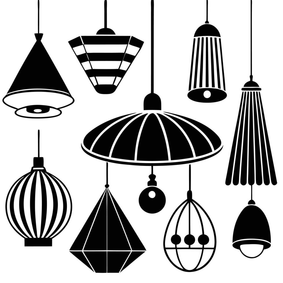 a set of different hanging lamps in black and white vector
