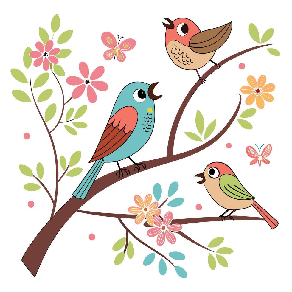 three birds sitting on a branch with flowers and butterflies vector