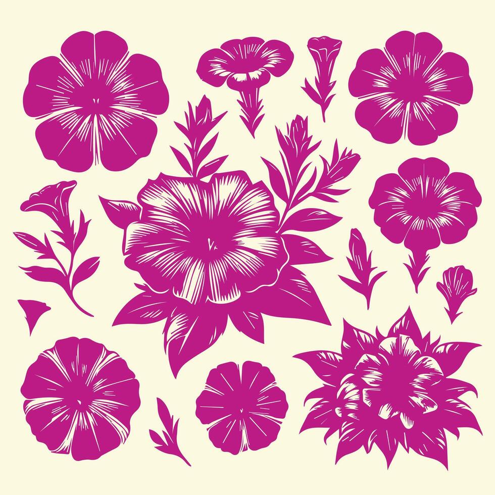 A collection of flowers in pink and purple design on a white background vector
