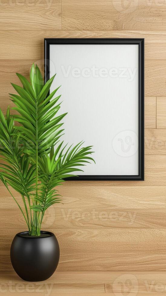 Mock up photo frame on wooden wall with potted plant 3d rendering