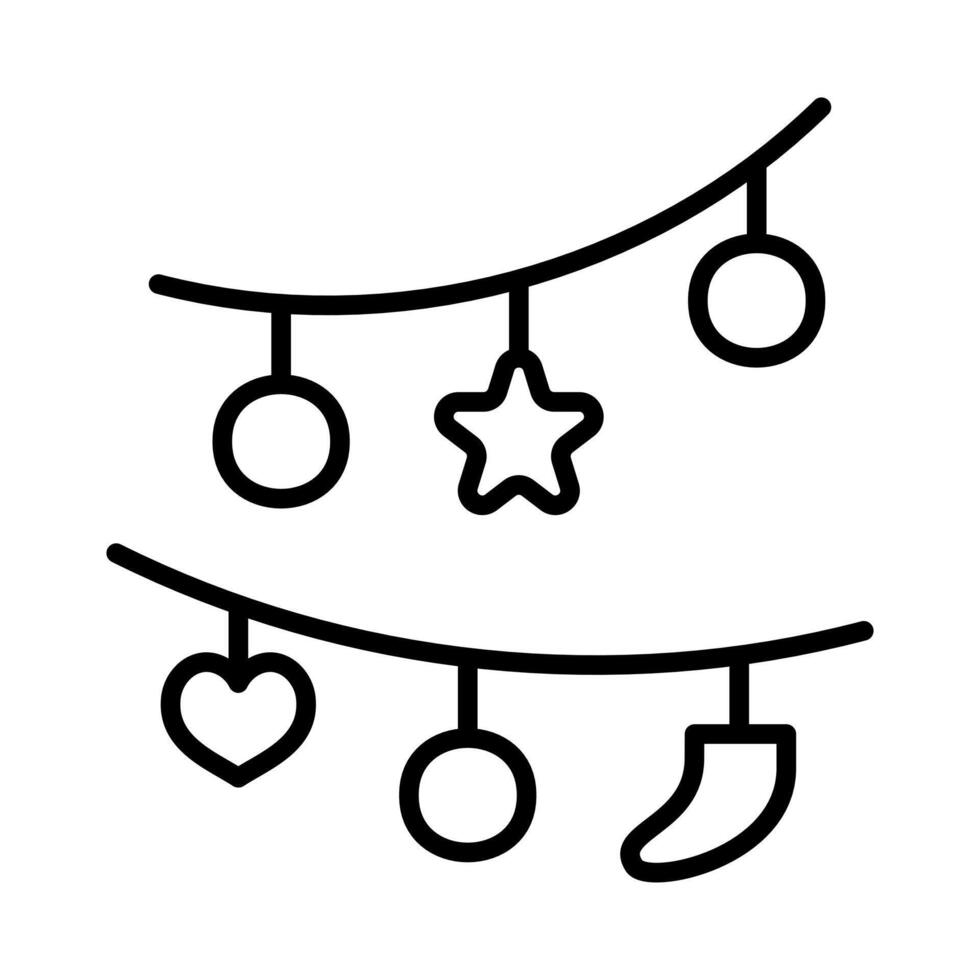 A series of hanging ornaments of light bulbs in the shape of circles, stars, hearts, and socks. vector