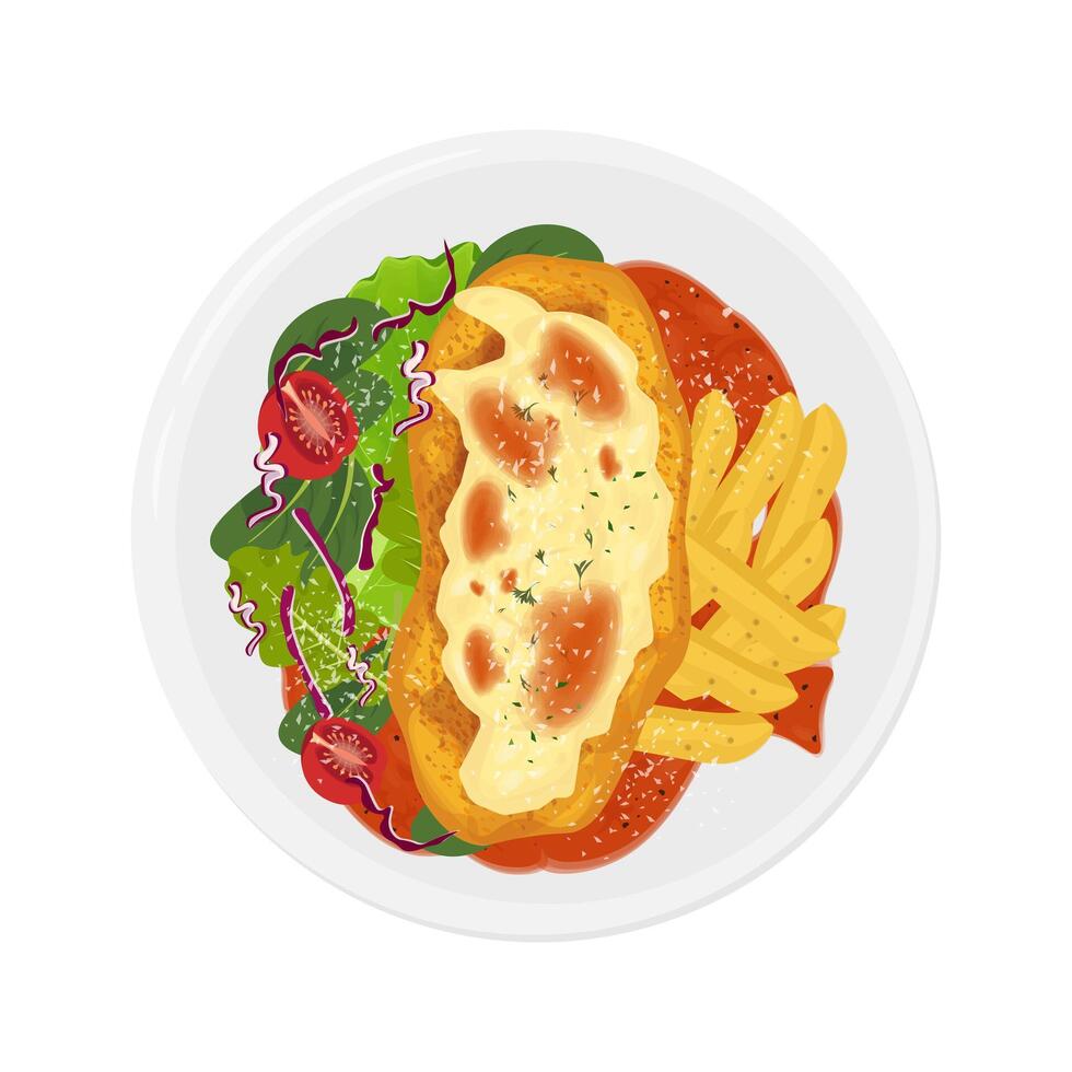 Illustration Logo Clipart Top View Chicken Parmesan or chicken parmigiana with potato and Vegetables salad vector