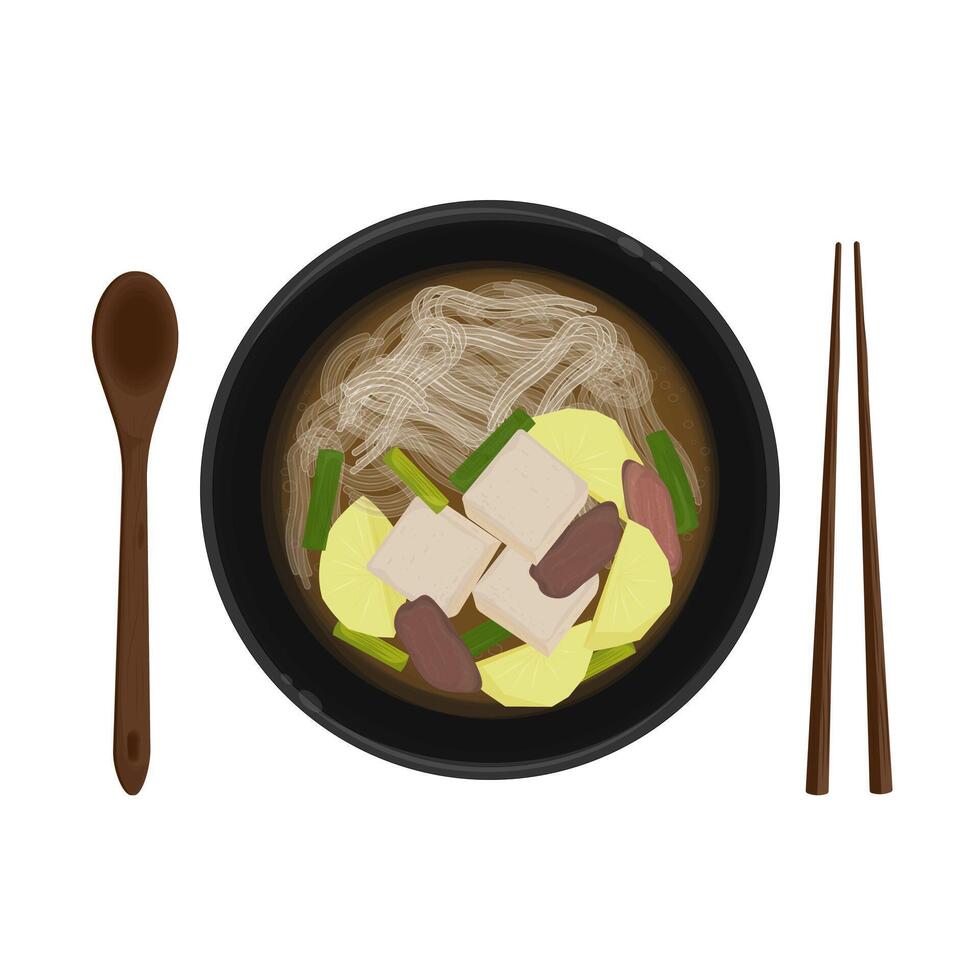 Illustration Logo Clipart Top View Korean Food Gamjaguk With Chopstick and Spoon vector