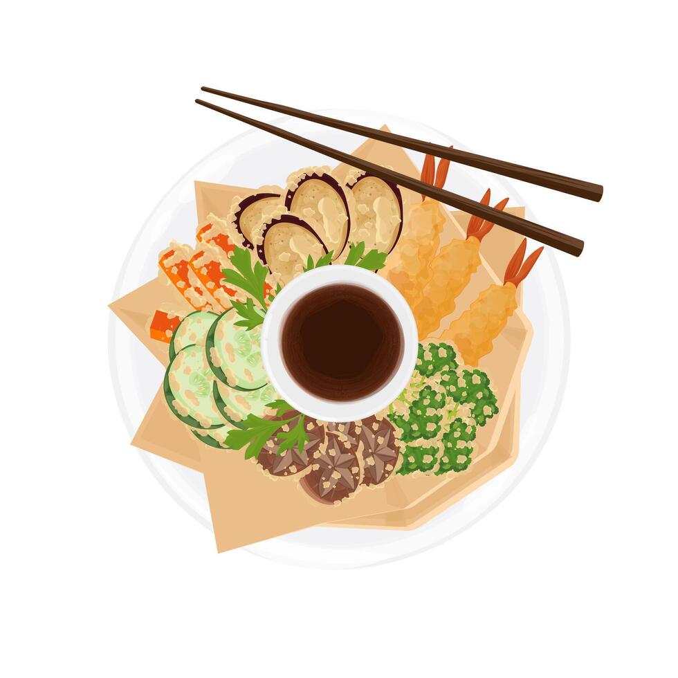 Illustration Logo Clipart Top View Tempura Shrimp and Tempura Vegetables or kakiage With Chopstick vector