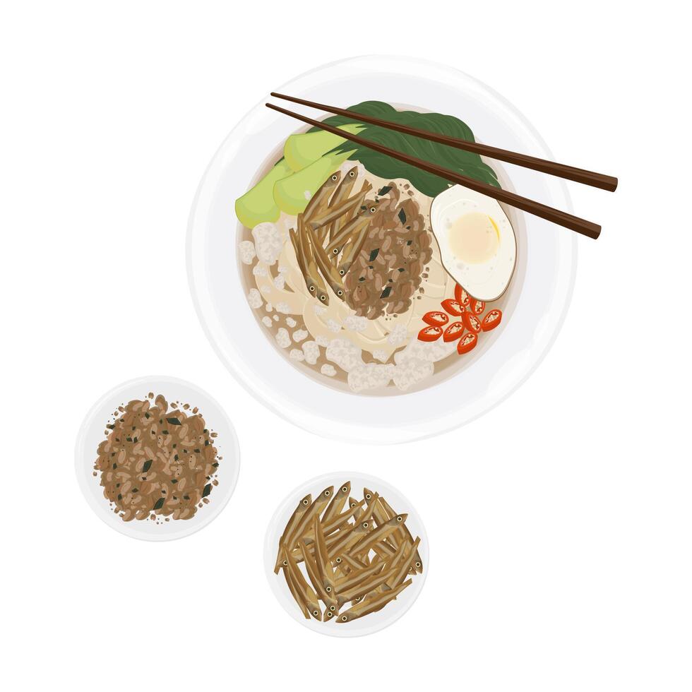 Illustration Logo Clipart Top view Ban Mian Soup or Chinese Noodles Soup with anchovy and Minced Beef vector