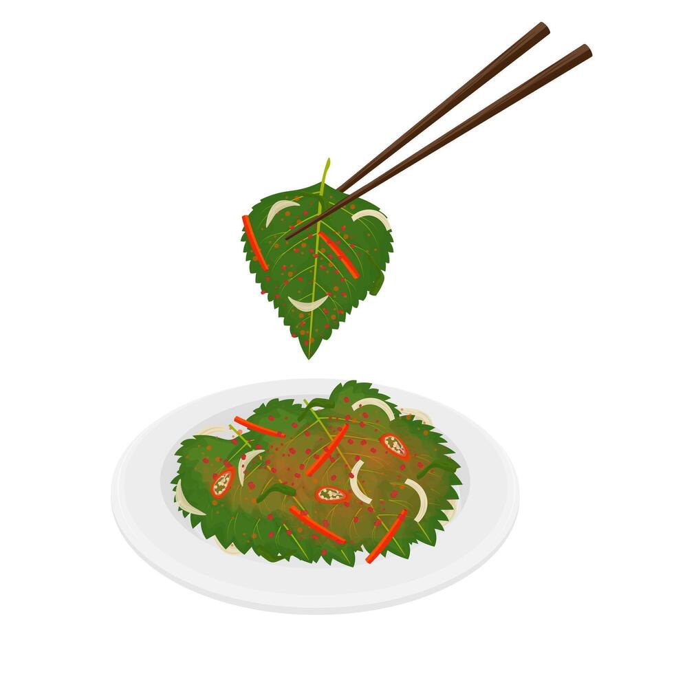 Illustration Logo Clipart Korean Perilla Leaf Kimchi with Chopstick vector