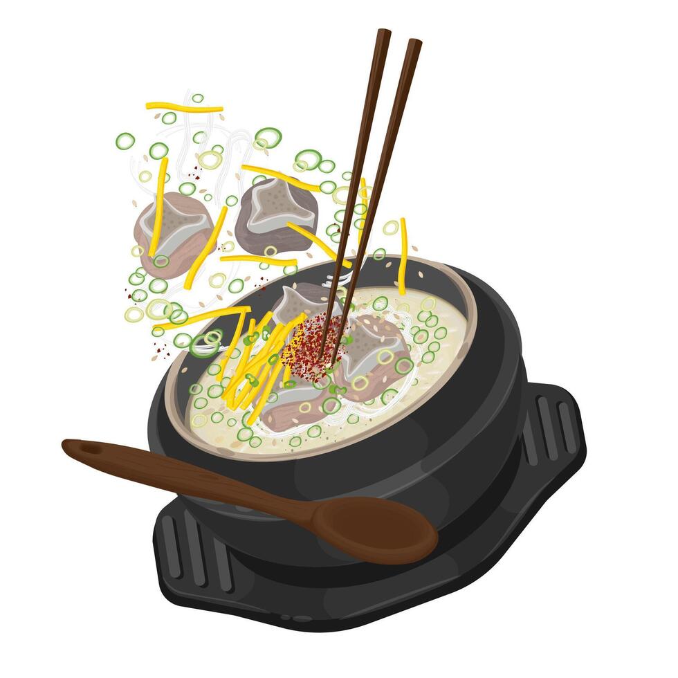 Illustration Logo Clipart Levitation Gomtang Korean Beef bone Soup on a Ttukbaegi vector