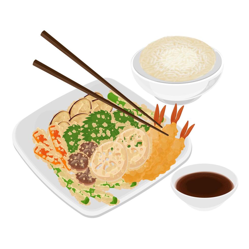 Illustration Logo Clipart Ready to eat Tempura Shrimp and Tempura Vegetables or Kakiage With Rice and Soy sauce vector