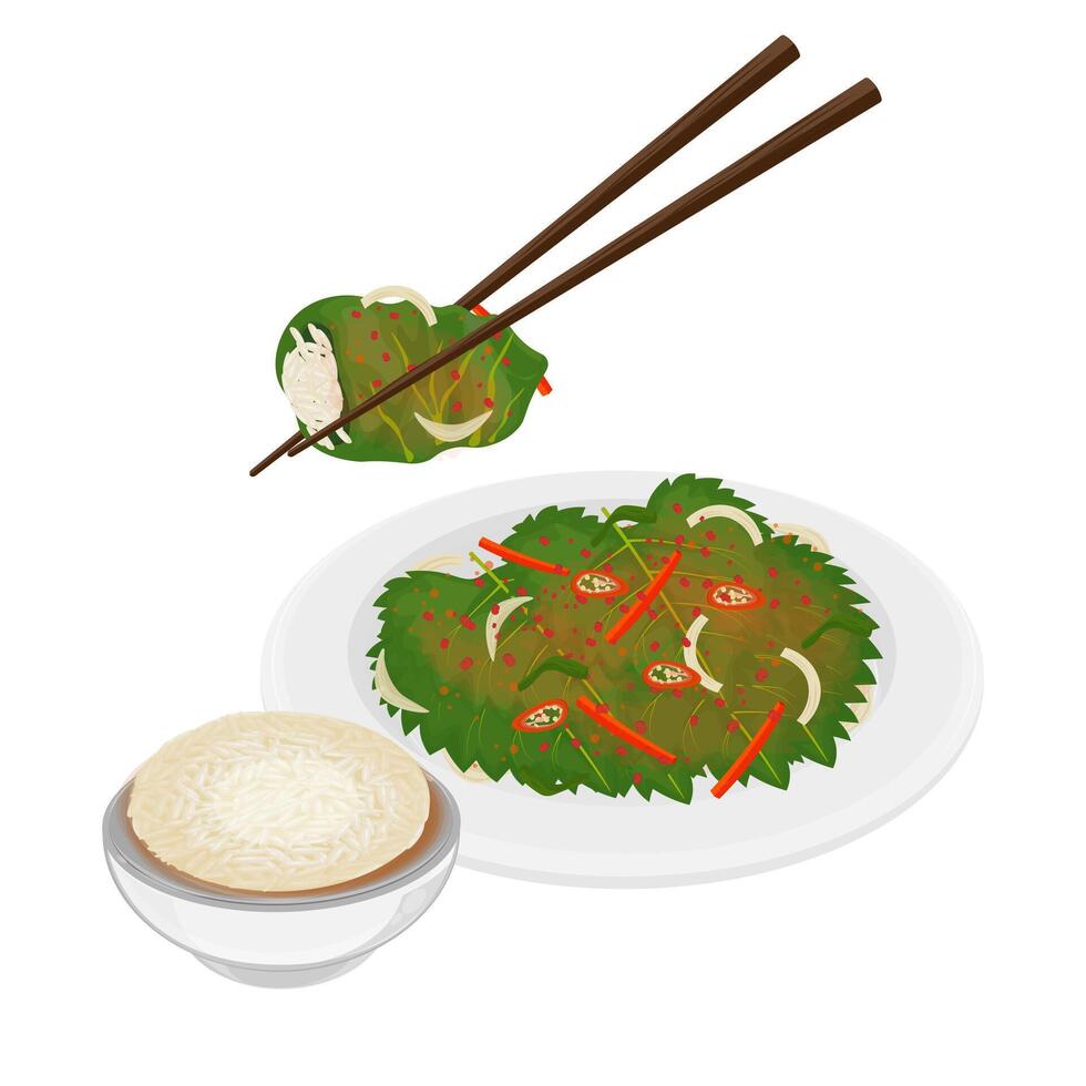 Illustration Logo Clipart Kkaennip Kimchi or Perilla Leaf Kimchi with Rice vector