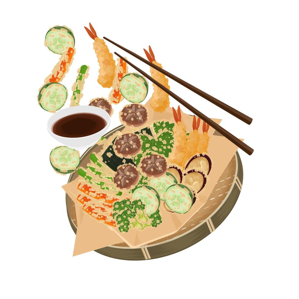 Illustration Logo Clipart Levitation Tempura Shrimp and Tempura Vegetables or Kakiage vector