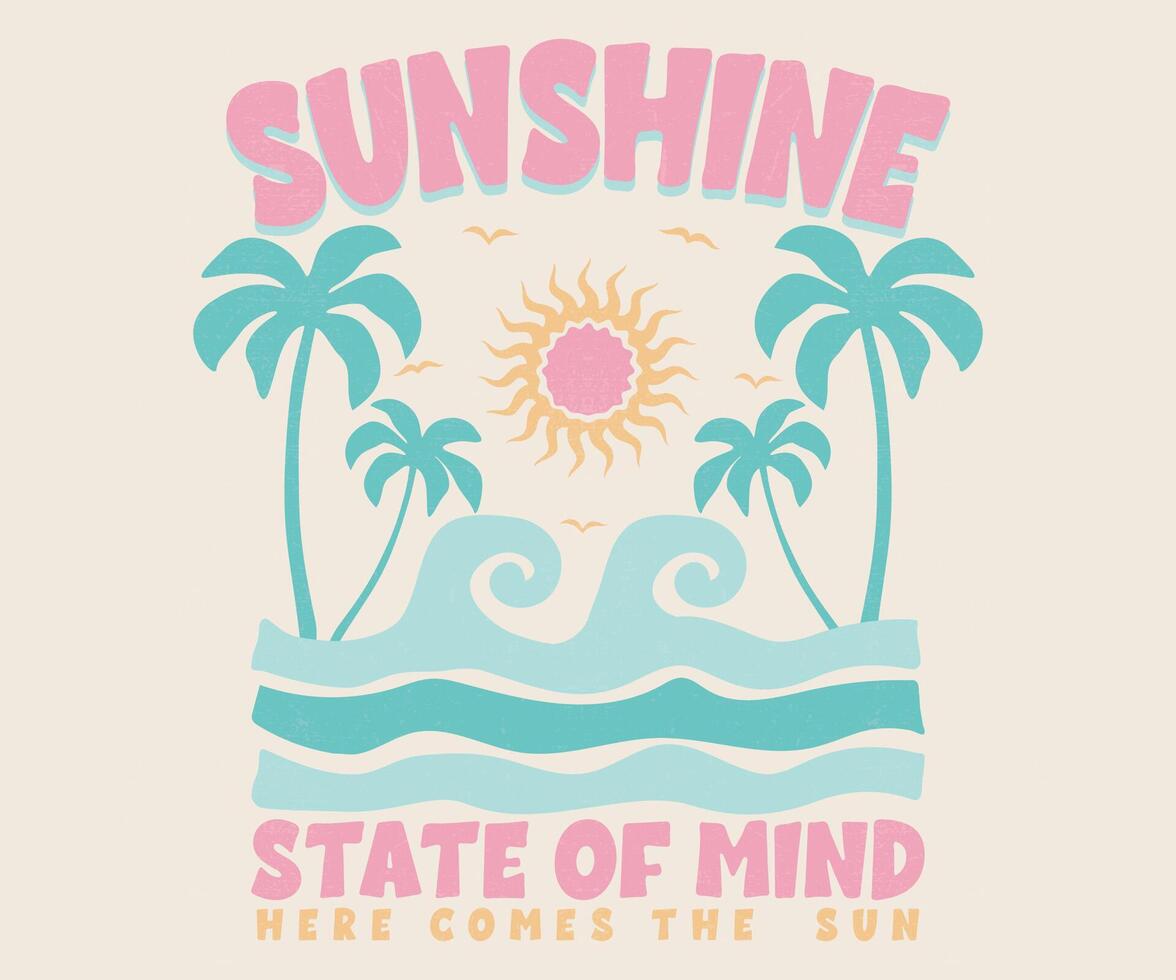 Here come the sun. Summer vibes artwork. Sunshine paradise graphic print design. Enjoy beach life. Surf club design. Beach modern abstract art. Ocean abstract wave. vector
