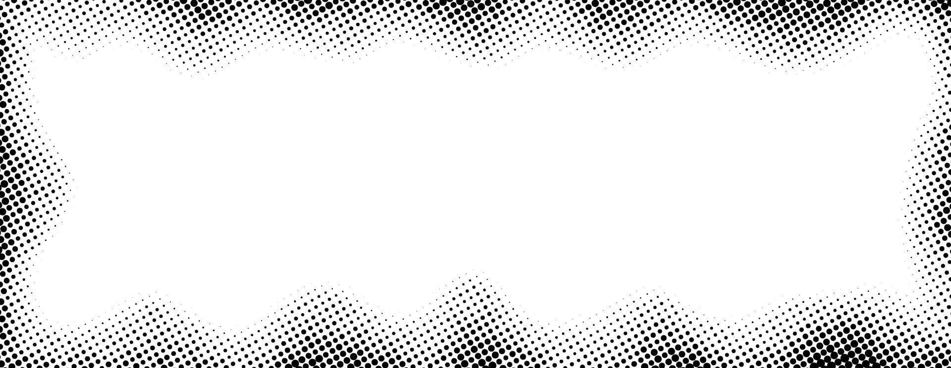 Halftone rectangle grain frame. Black comic dotted wavy border. Pop art fading gradient frame backdrop. Black and white grunge abstract framing background. Dot textured graphic design wallpaper vector