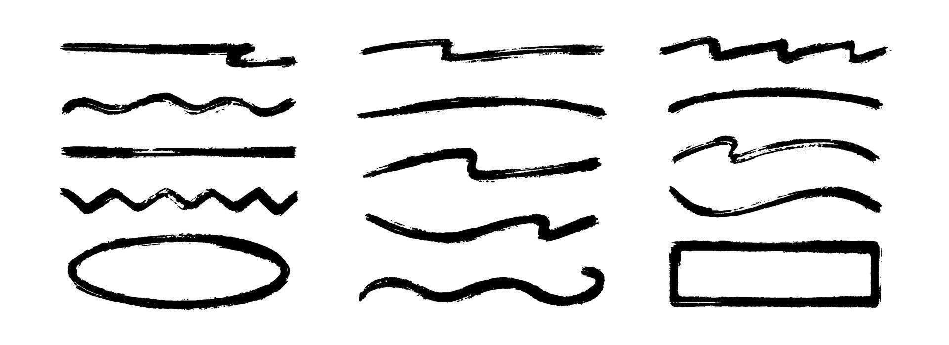 Straight, zigzag and wavy paint line set. Sketch brush stroke and frames collection. Rough charcoal stripes and forms for highlight, underline, emphasis. Hand drawn textured crayon chalk strips vector
