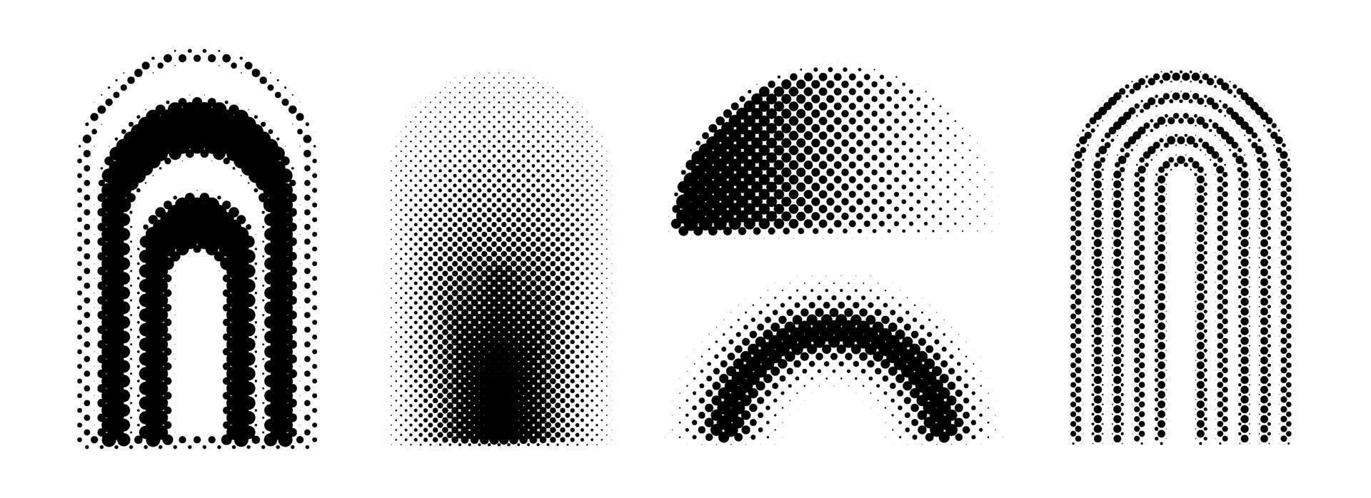 Black halftone arch set. Different pixelated gradient arc collection. Dotted pop art curved element bundle for collage, graphic design template, banner, poster. Comic bitmap 8 bit arches pack vector