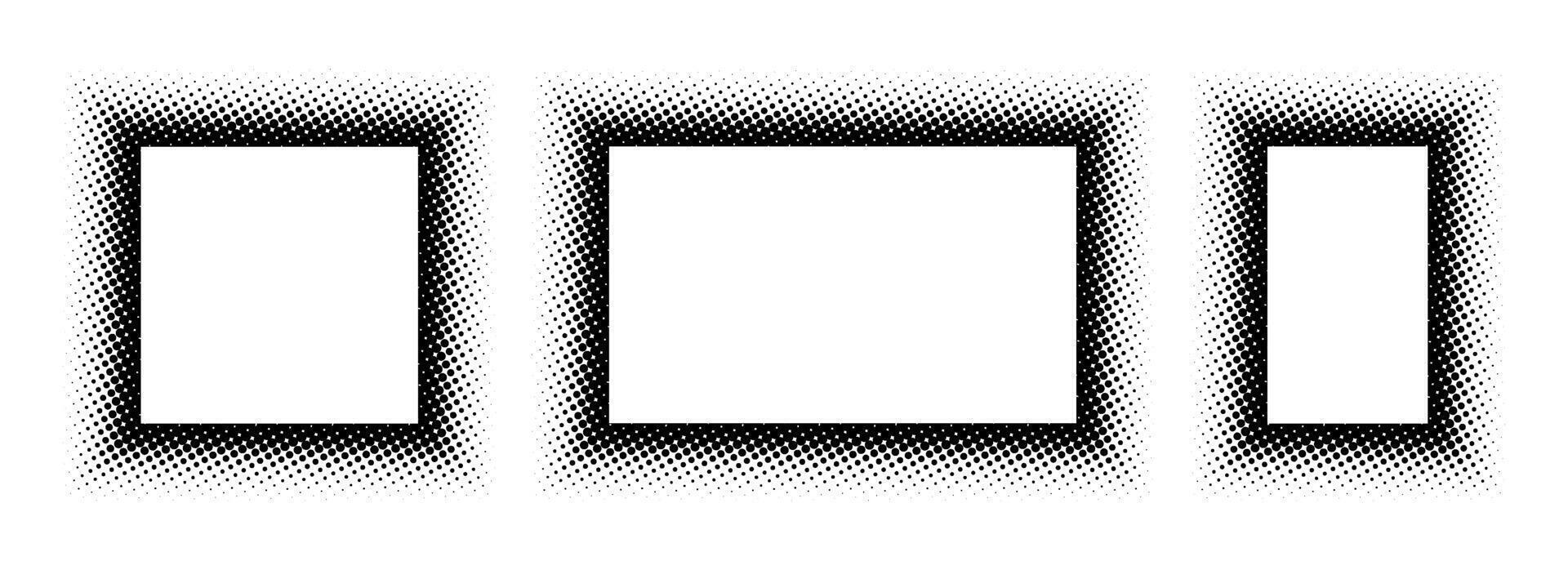 Black halftone rectangle frame set. Dotted gradient border collection. Pop art comic dots picture holder design for banner template, copy space, emblem, poster. Rasterized framing element back vector
