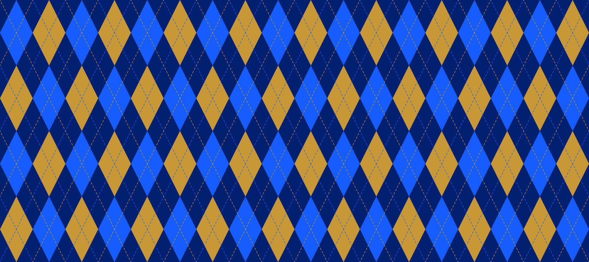 Blue yellow seamless argyle pattern. Dark navy rhombus repeated texture wallpaper. Masculine stitched diamond background for textile design, fabric swatch, scarf cloth, suit print. vector