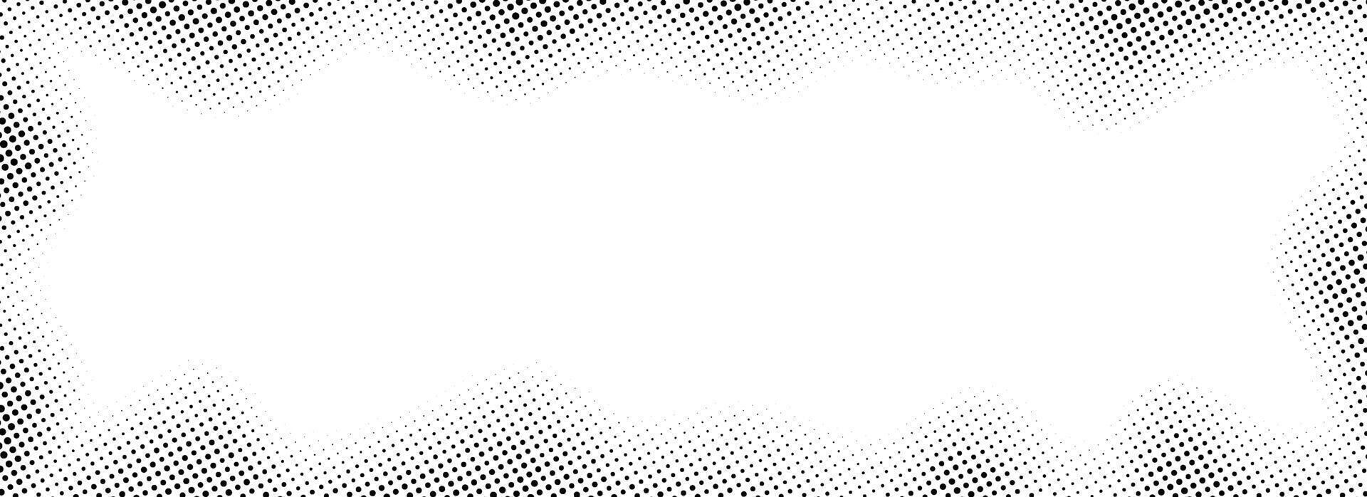 Halftone rectangle grain frame. Black comic dotted wavy border. Pop art fading gradient frame backdrop. Black and white grunge abstract framing background. Dot texture graphic design wallpaper vector