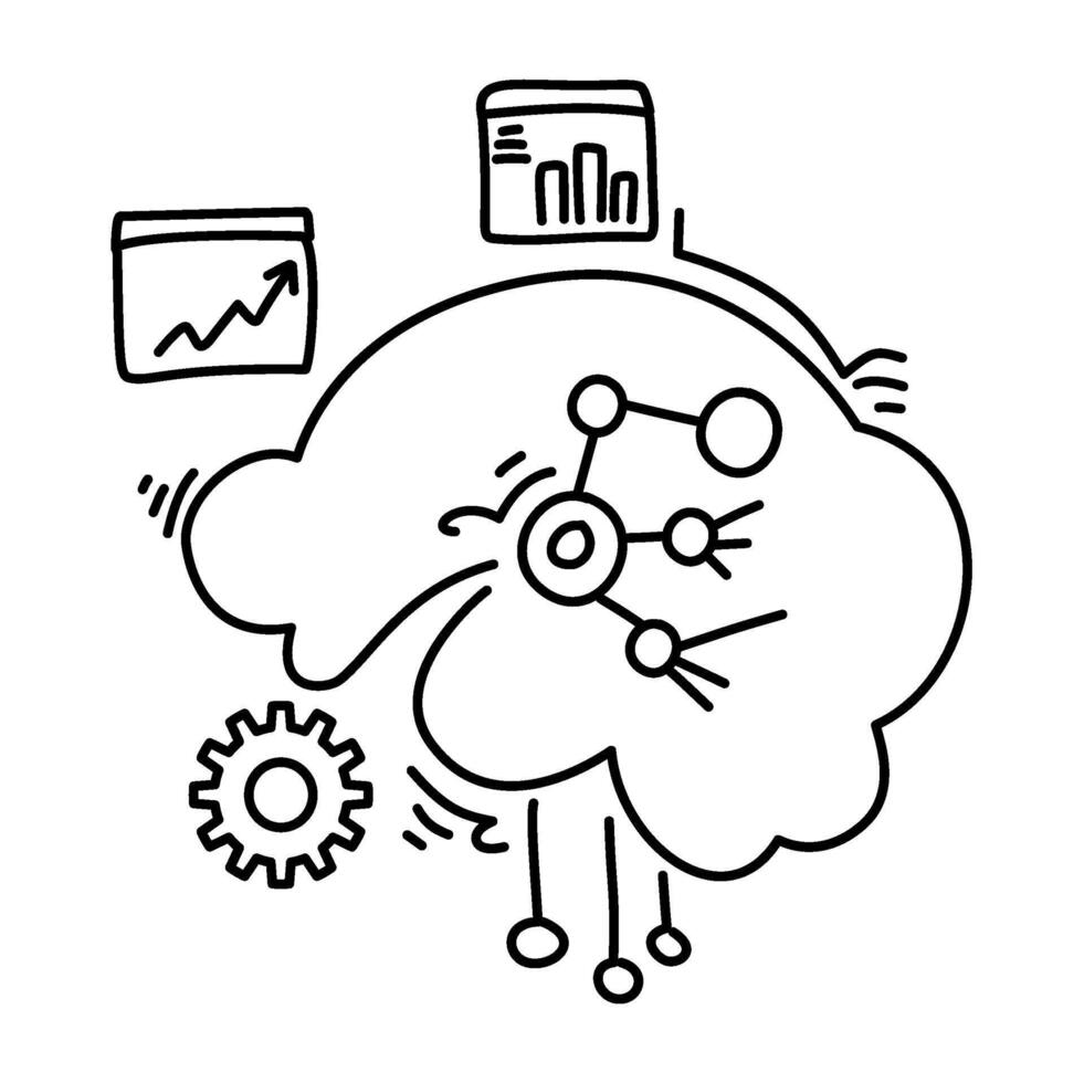 brain with data nodes, graphs, gear, illustrating machine learning process. Perfect for tech blogs, AI presentations vector