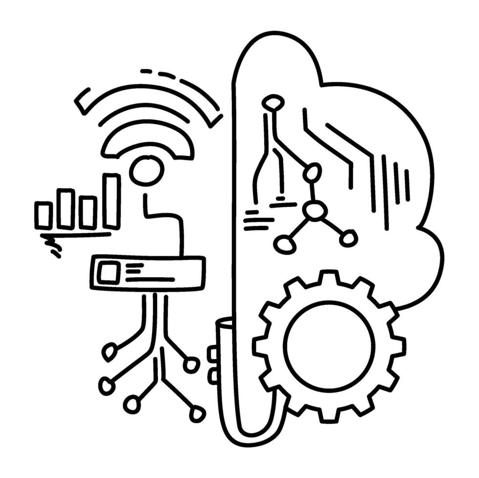 brain with data elements, representing machine learning. Great for AI, tech, data science vector