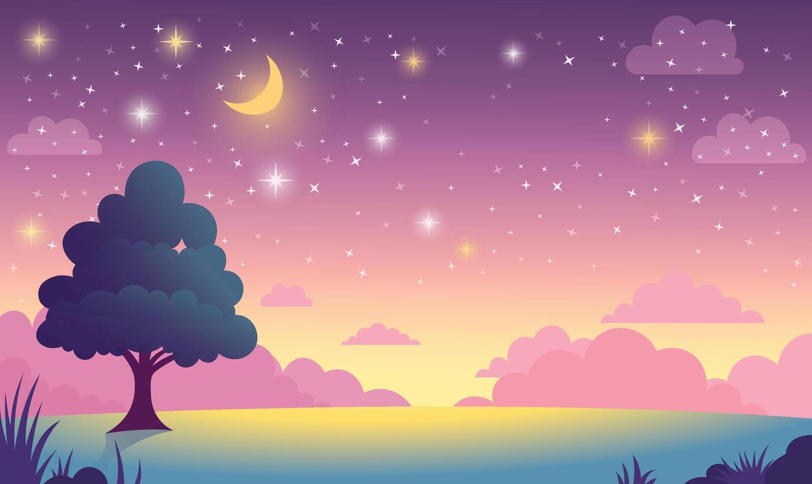 Tree in Nature Landscape with Beautiful Majestic Sky Panoramic with Crescent Moon at Night vector
