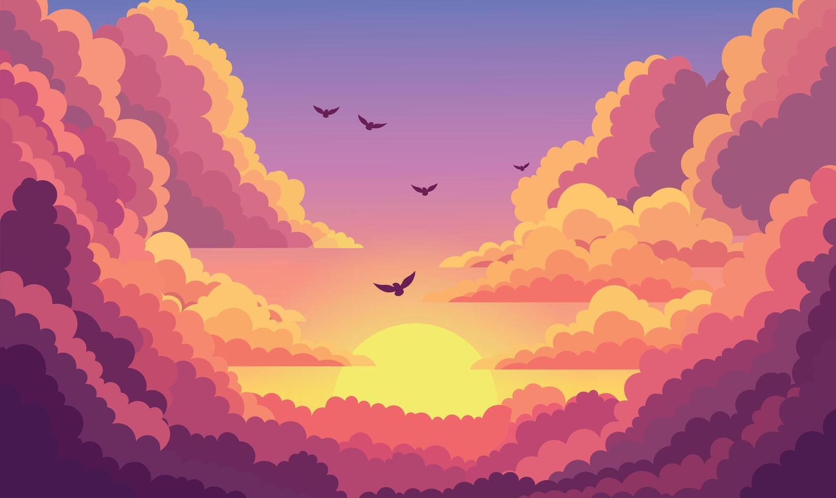 Birds Flying on Beautiful Sky Panoramic with Sun Light and Clouds at Sunset Sunrise vector