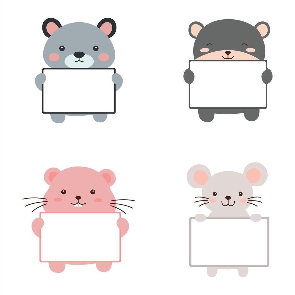 Set of Happy Cute Bear Hamster Mouse Animal Cartoon Character Holding Empty White Board vector