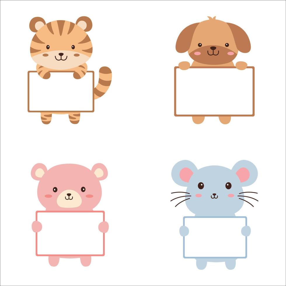 Set of Happy Cute Tiger Dog Bear Mouse Animal Cartoon Character Holding Empty White Board vector