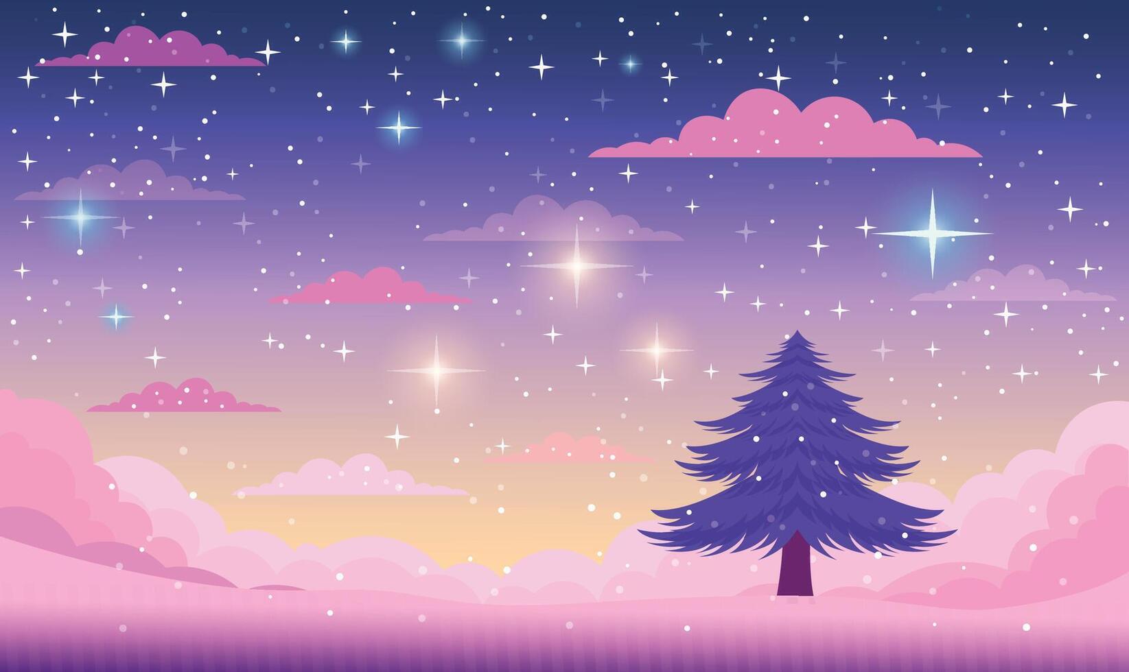 Pine Tree in Clouds Scenery with Beautiful Majestic Sky Panoramic with Twinkling Stars at Night vector