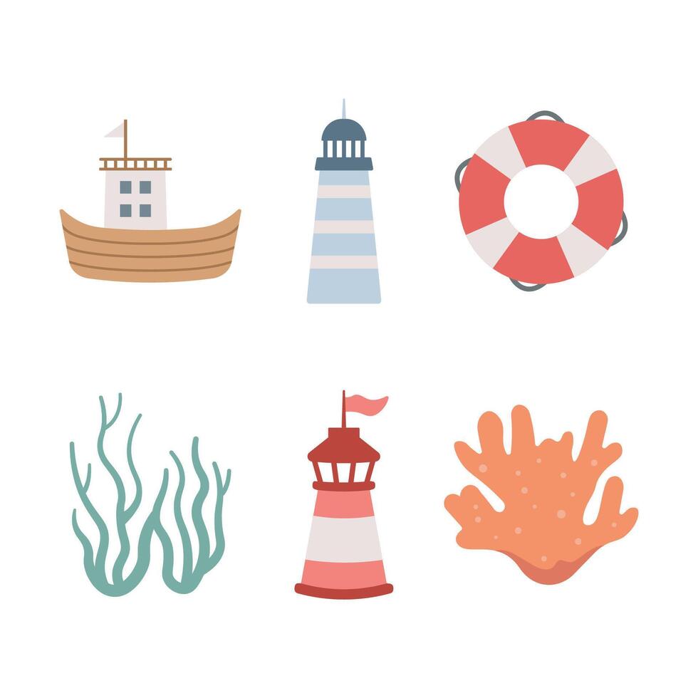 Sea Ocean Beach Marine Elements Set of Ship Lighthouse Tower Lifebuoy Seaweed Coral Reef vector