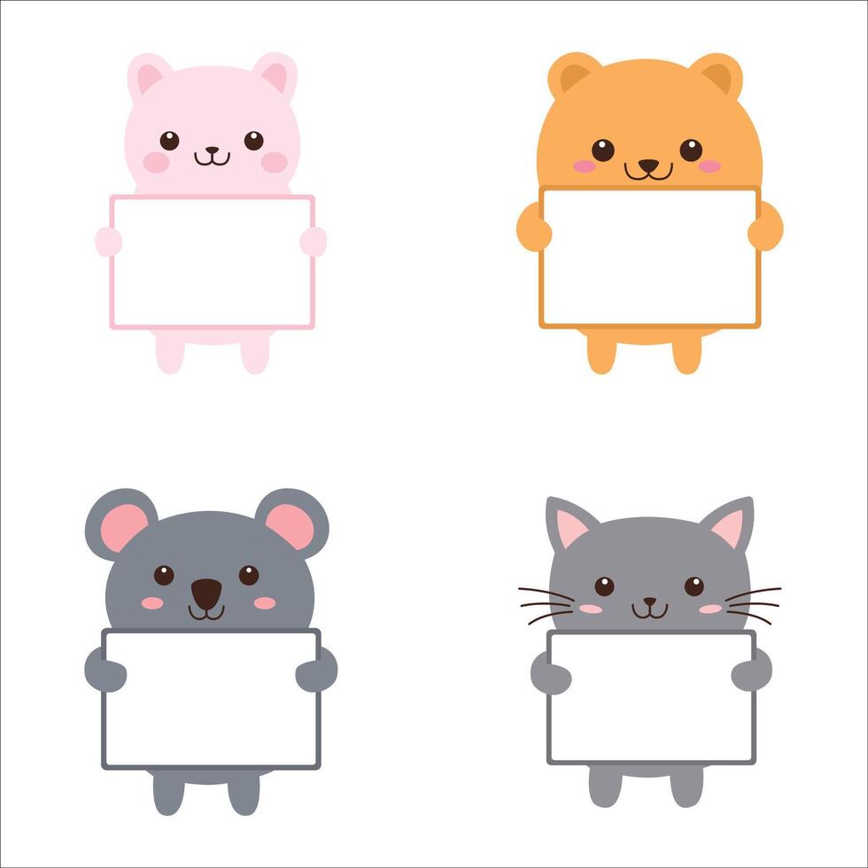Set of Happy Cute Pig Bear Koala Cat Animal Cartoon Character Holding Empty White Board vector