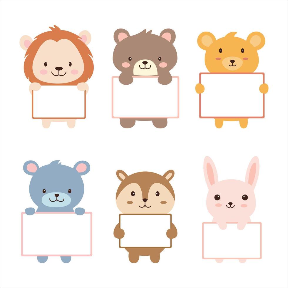 Set of Happy Cute Lion Bear Squirrel Rabbit Animal Cartoon Character Holding Empty White Board vector