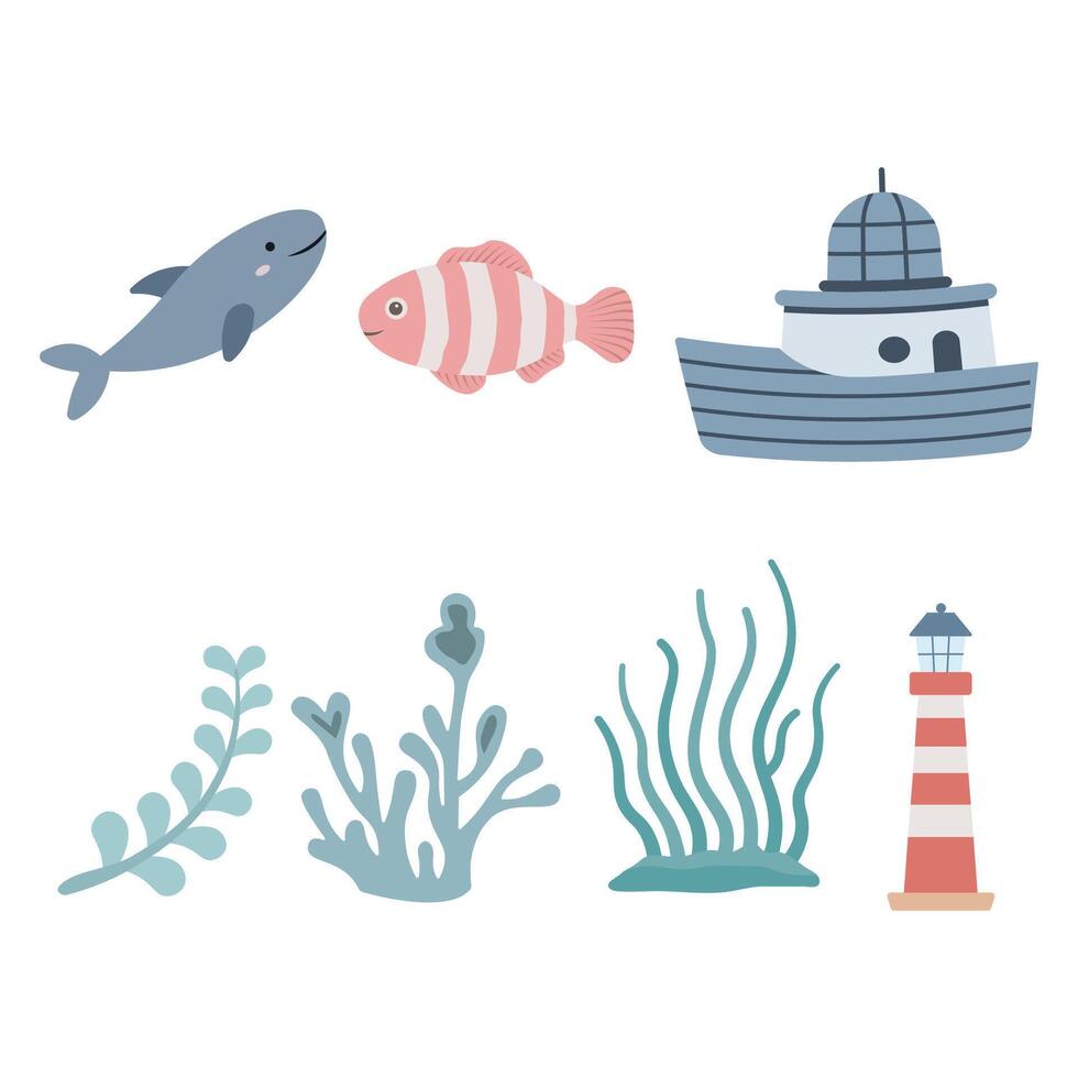 Sea Ocean Beach Marine Elements Set of Shark Whale Fish Ship Plant Seaweed Lighthouse Tower vector