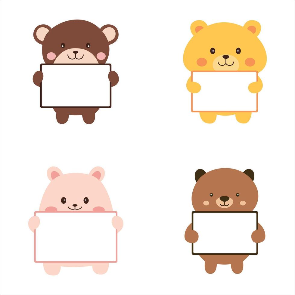 Set of Happy Cute Bear Animal Cartoon Character Holding Empty White Board vector