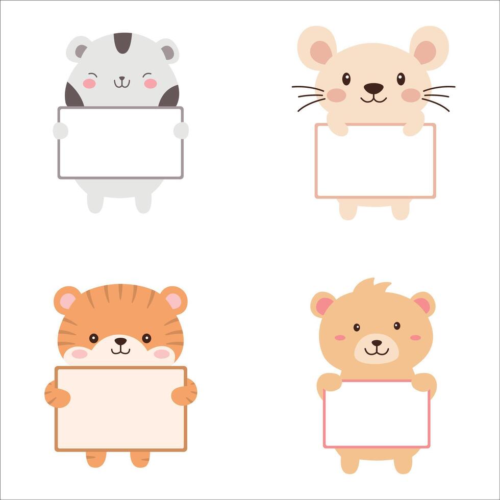 Set of Happy Cute Bear Mouse Hamster Tiger Animal Cartoon Character Holding Empty White Board vector