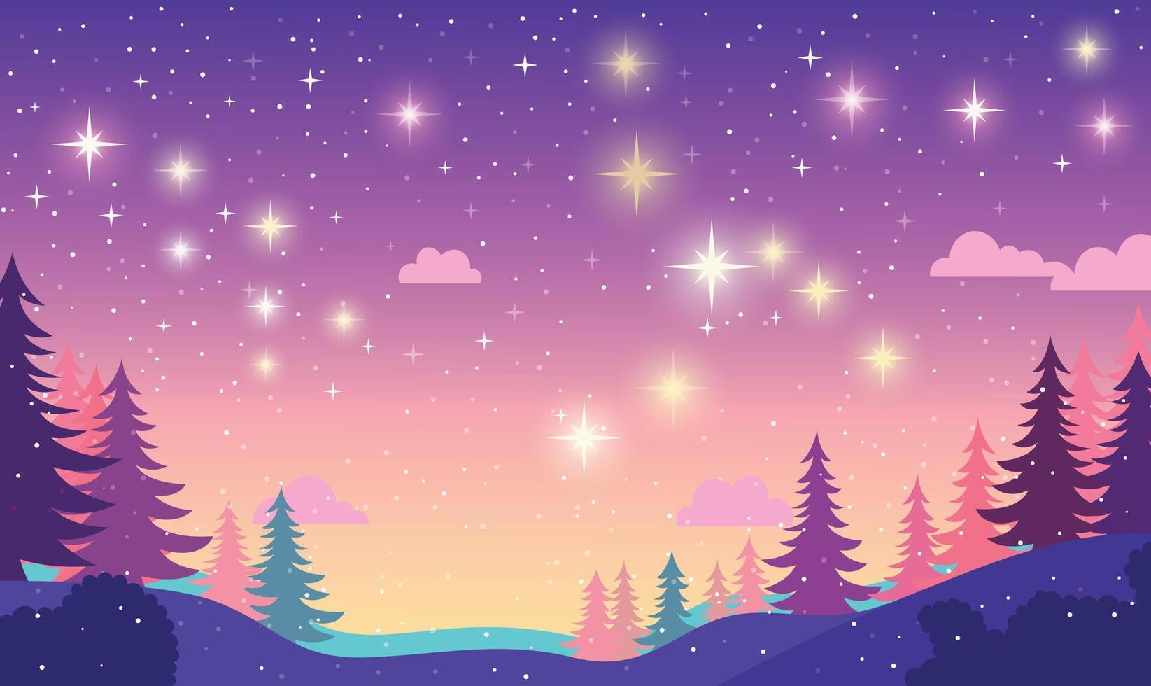 Pine Trees in Nature Scenery with Beautiful Majestic Sky Panoramic with Twinkling Stars at Night vector