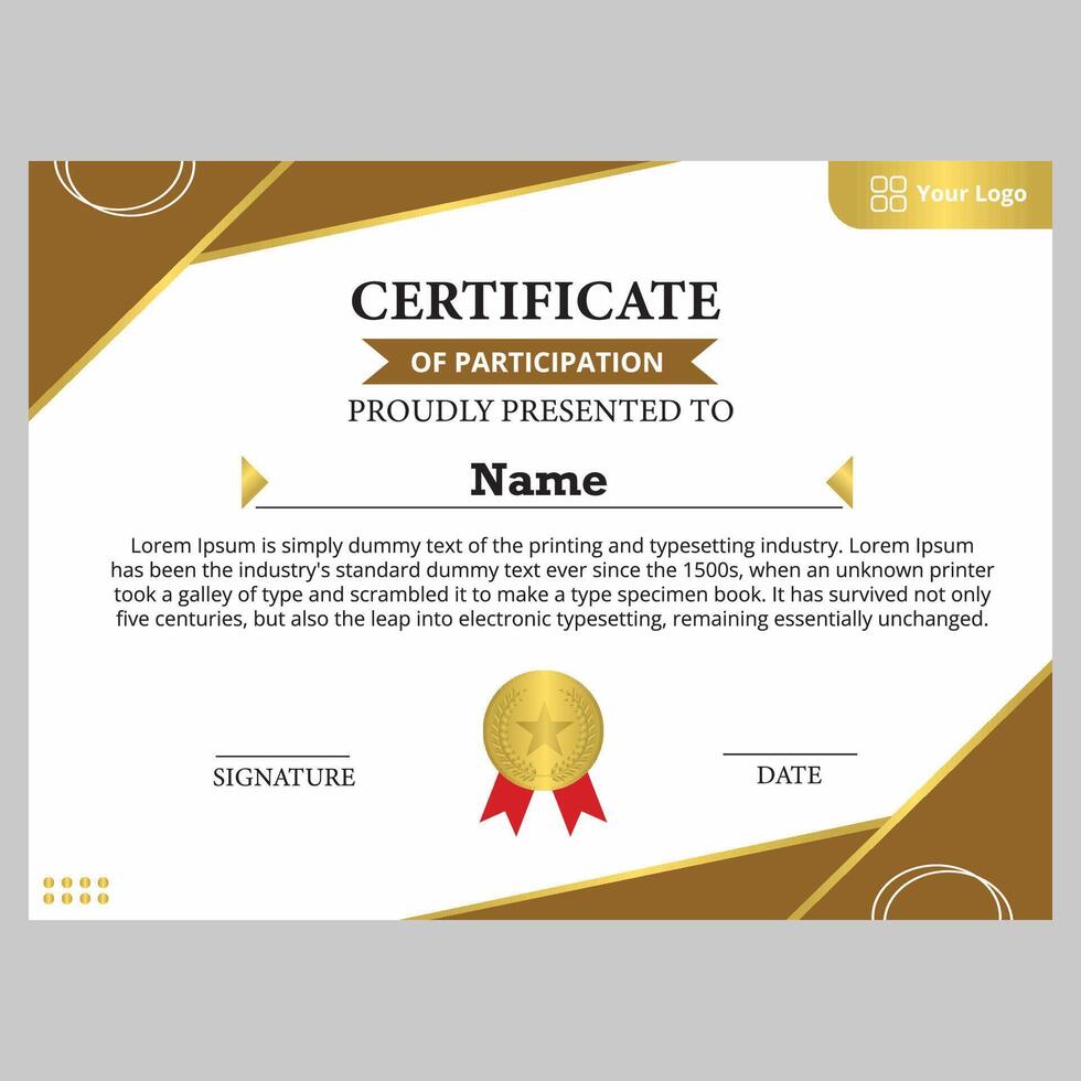 certificate template for awards with a modern and elegant frame and beautiful colors in brown and gold vector