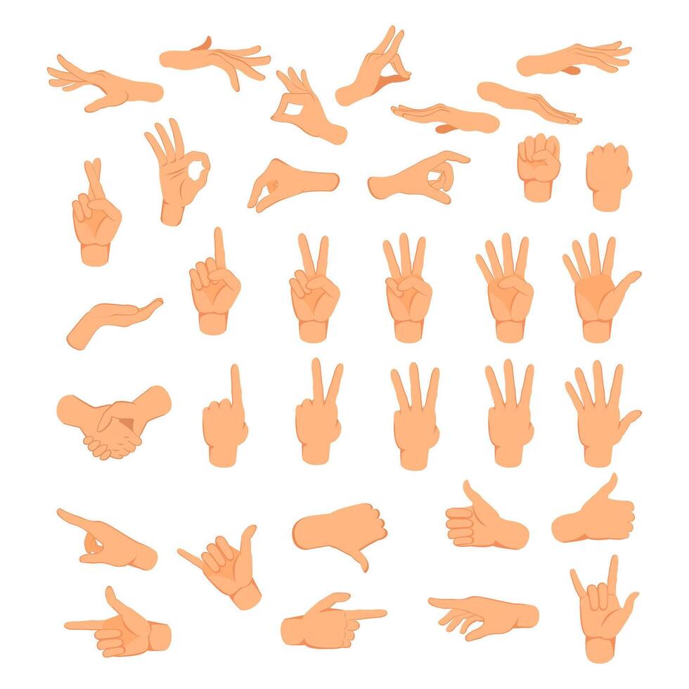 Hands poses. Hand holding and pointing gestures, fingers crossed, fist, peace and thumb up. Cartoon human palms and wrist set. Communication or talking with emoji for messengers vector