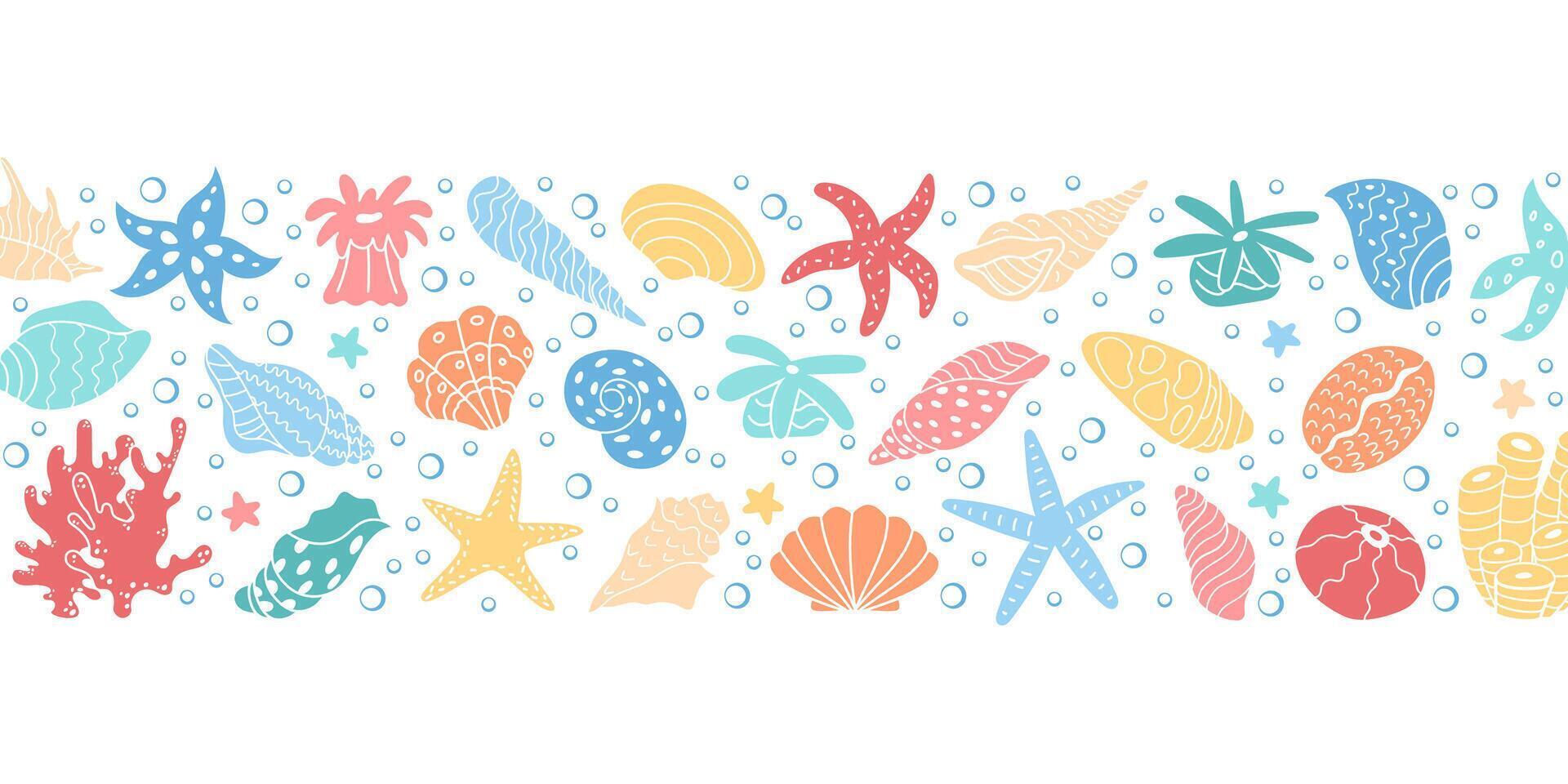 Illustrative underwater life set with corals and seashells. Marine-themed vibrant art featuring reef elements. Ocean pattern with bubbles and colorful marine creatures. vector
