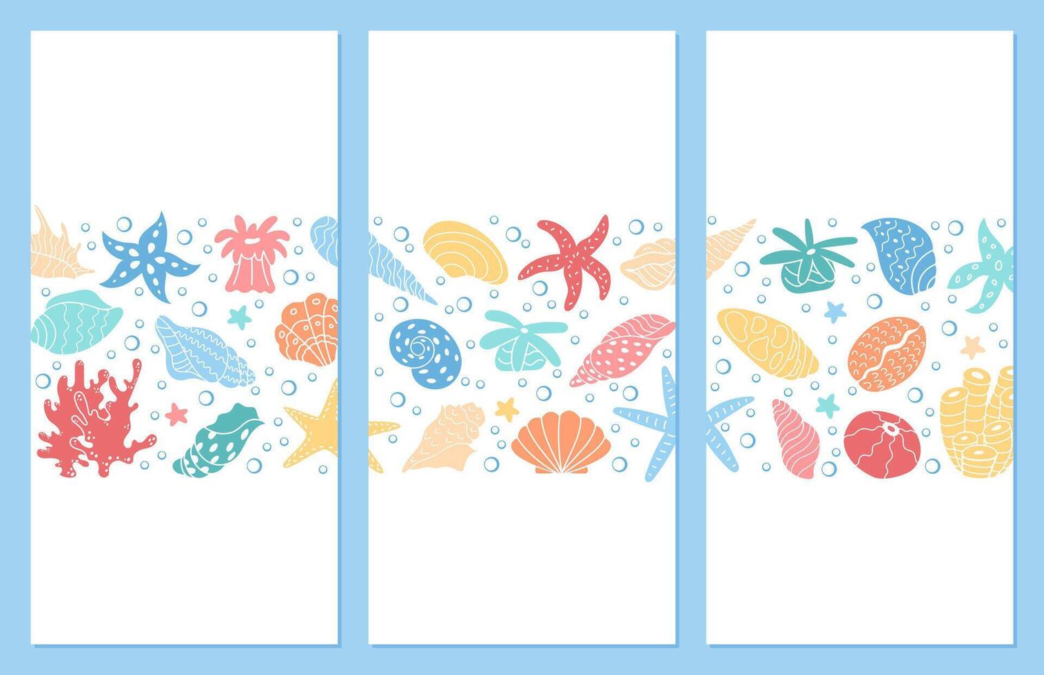 Bright and playful marine life design set. Including aquatic animals like starfish, shells, and coral, these vibrant template graphic illustrations depict an underwater sea reef. vector